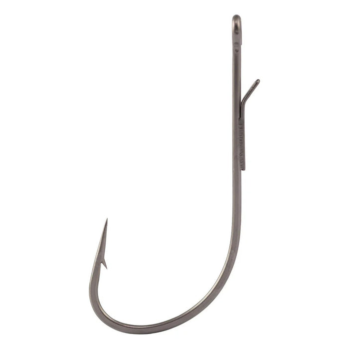 Close-up image of a single Mustad Alpha Point Series Alpha-Grip Finesse Hook, showing its sharp point, barb, and sleek metal finish designed for precision fishing tackle use.