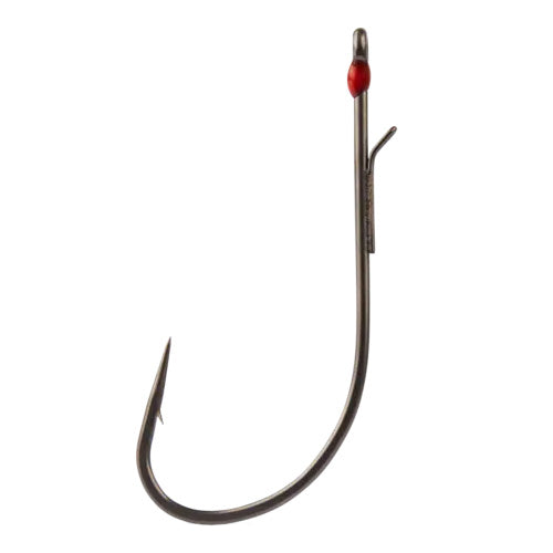 Close-up of a single Mustad Alpha Point Series Alpha-Grip Finesse Hook with a sharp curve, barb, and a small red accent near the eye, designed for precision fishing tackle use.