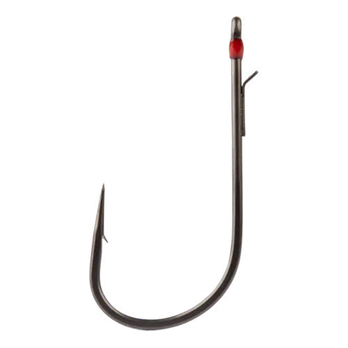 Mustad Alpha Point Series Alpha-Grip Flipping Hook with a sharp point, black finish, red accent near the eye, and a grip-enhancing design for fishing tackle use.