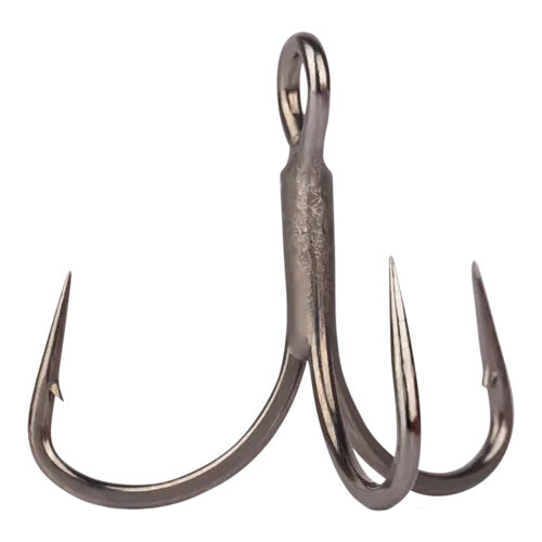 Close-up of a sharp, metallic Mustad Alpha Point Series In-Line 2X Short Triple Grip Treble Hook designed for fishing tackle, featuring three evenly spaced barbed points.
