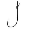Single black Mustad Grip-Pin Edge Finesse Soft Plastic Hook with a sharp point and barbed tip designed for secure fishing tackle use.