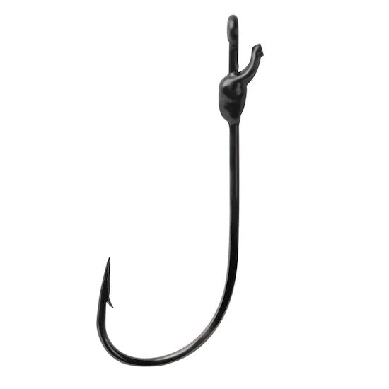 Single black Mustad Grip-Pin Edge Finesse Soft Plastic Hook with a sharp point and barbed tip designed for secure fishing tackle use.