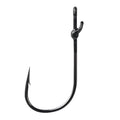 Close-up of a black metal Mustad Grip-Pin Max Flipping Hook featuring a sharp point and specialized grip pin for secure fishing tackle use.