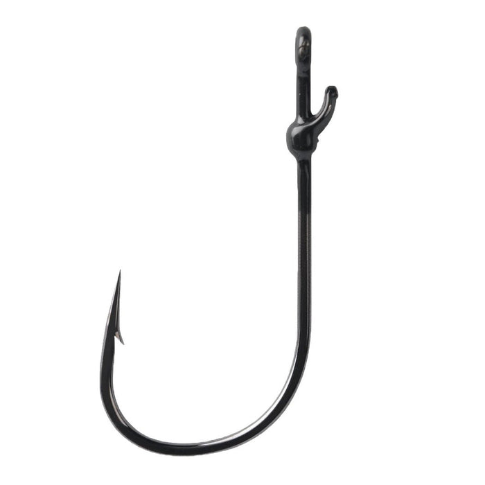 Close-up of a black metal Mustad Grip-Pin Max Flipping Hook featuring a sharp point and specialized grip pin for secure fishing tackle use.