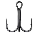 Mustad KVD Elite Round Bend Treble Hook in black finish, showing three sharp barbed points and a sturdy eye for attaching fishing lures, designed for fishing tackle use.