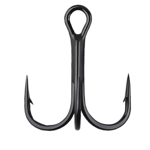 Mustad KVD Elite Round Bend Treble Hook in black finish, showing three sharp barbed points and a sturdy eye for attaching fishing lures, designed for fishing tackle use.