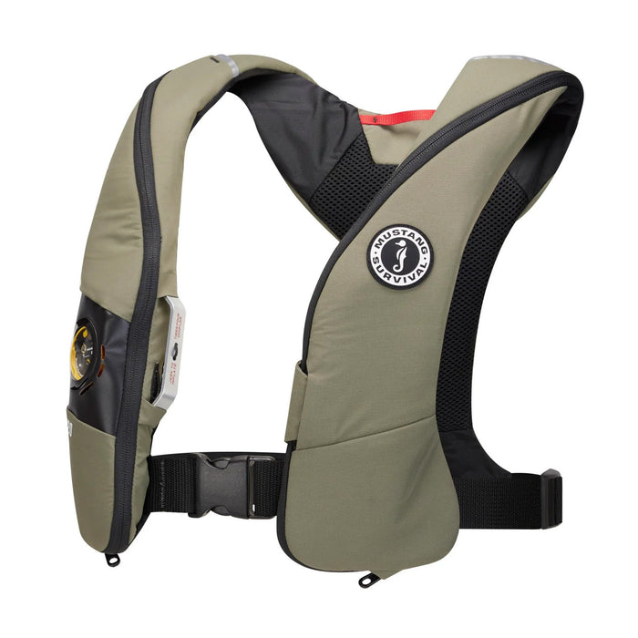 Mustang Survival Elite 120 Hydrostatic Inflatable PFD - Everglade, olive green inflatable life vest with adjustable black straps and Mustang Survival logo for fishing safety.