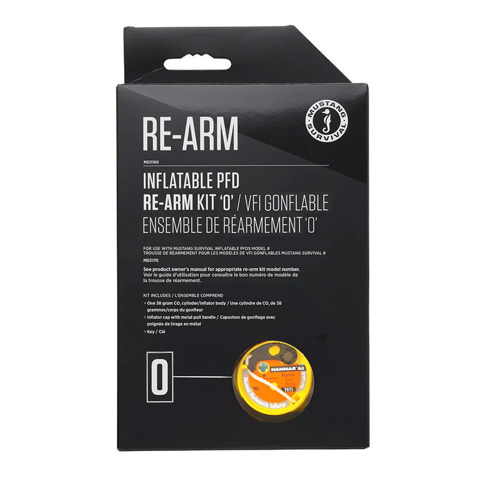 Black packaging box for Mustang Survival Re-Arm Kit O - 38g Hammar with Metal Handle, featuring a round yellow CO2 cartridge visible through a clear window.