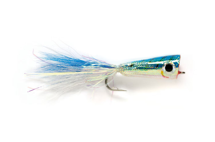 Mylart Popper #2/0 fishing lure with a blue and white feathered tail, shiny reflective body, and a single hook designed for freshwater fishing tackle.