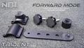 Set of dark gray marine mount components including brackets, knobs, and adjustment arm displayed on a textured surface, designed as part of the NBT Marine Trident Single Mount - Forward for forward-facing sonar systems.