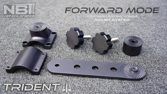 Set of dark gray marine mount components including brackets, knobs, and adjustment arm displayed on a textured surface, designed as part of the NBT Marine Trident Single Mount - Forward for forward-facing sonar systems.