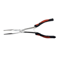 Net Buddy 11 Inch Needle Nose Pliers with stainless steel jaws and ergonomic black and red handles, designed for precision use in fishing tackle and musky gear.