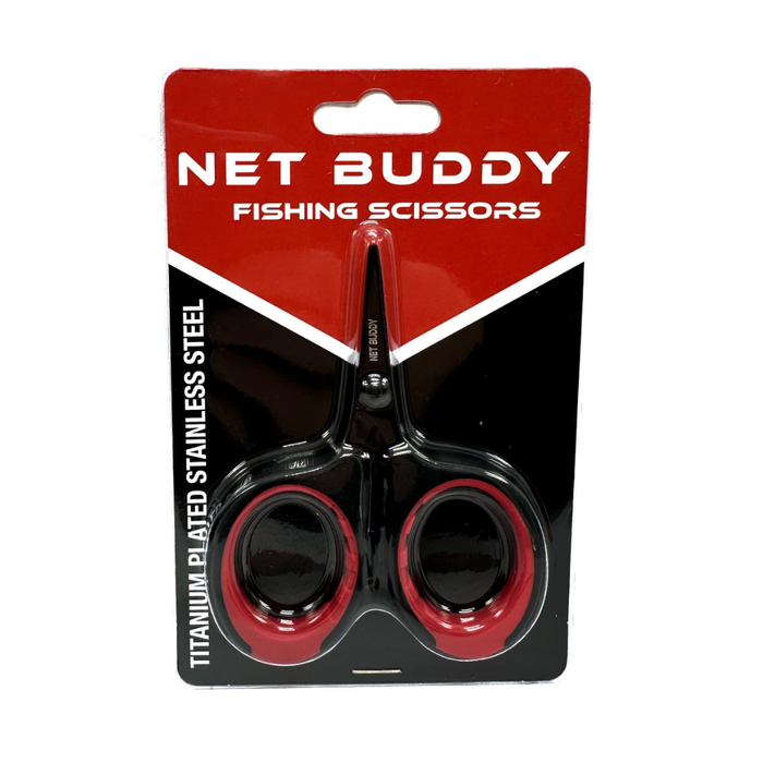 Net Buddy Braid Scissors with black titanium-plated stainless steel blades and red and black ergonomic handles, designed for fishing tackle and braided line cutting.