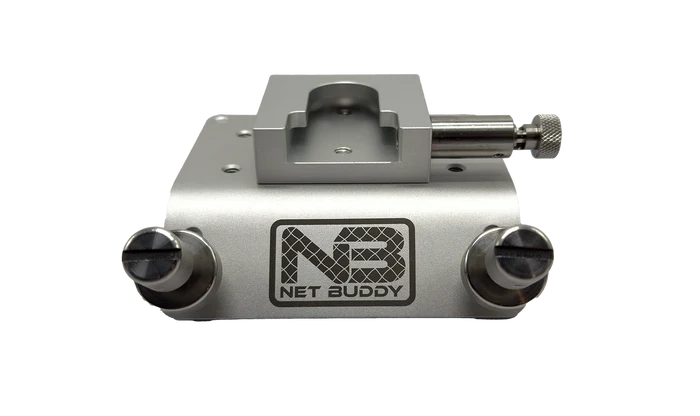 Net Buddy Mounts w/ Clamp in silver metal with two adjustable tightening knobs and a mounting bracket designed to securely hold fishing nets or gear on boat rails or rods.