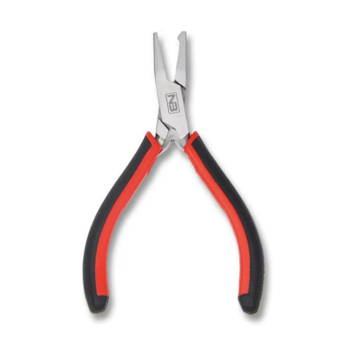 Net Buddy Split Ring Pliers with stainless steel jaws and red and black ergonomic handles, designed for fishing tackle and easy ring removal.