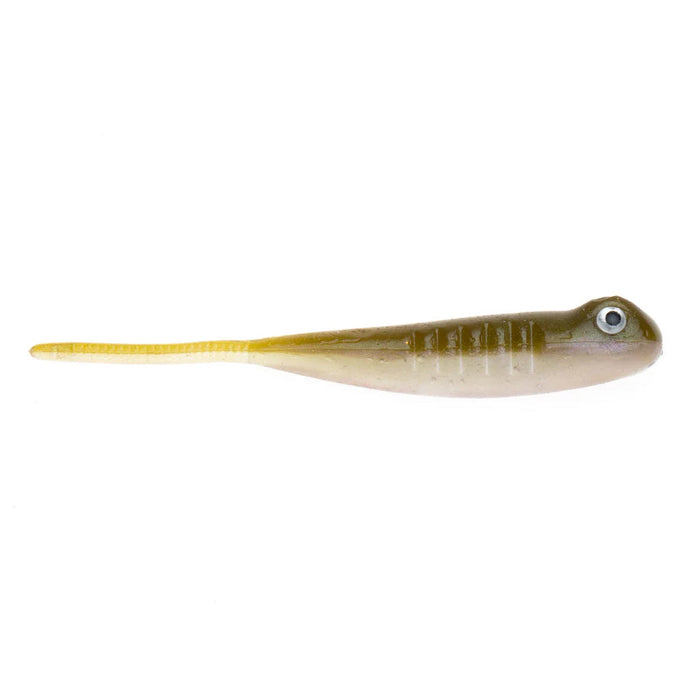 NetBait BaitFuel Infused The Drifter Minnow soft plastic fishing lure in natural brown and yellow tones with a slender body and detailed eye, designed for musky and ice fishing tackle.