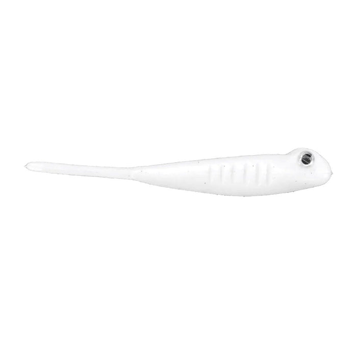 NetBait BaitFuel Infused The Drifter Minnow is a white soft plastic fishing lure with a long slender tail and realistic eye detail designed for musky and other fishing tackle enthusiasts.