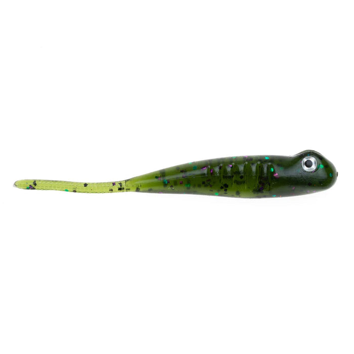 Soft plastic fishing lure in green with black and purple speckles, designed as a minnow with a tapered tail and an eye, NetBait BaitFuel Infused The Drifter Minnow.