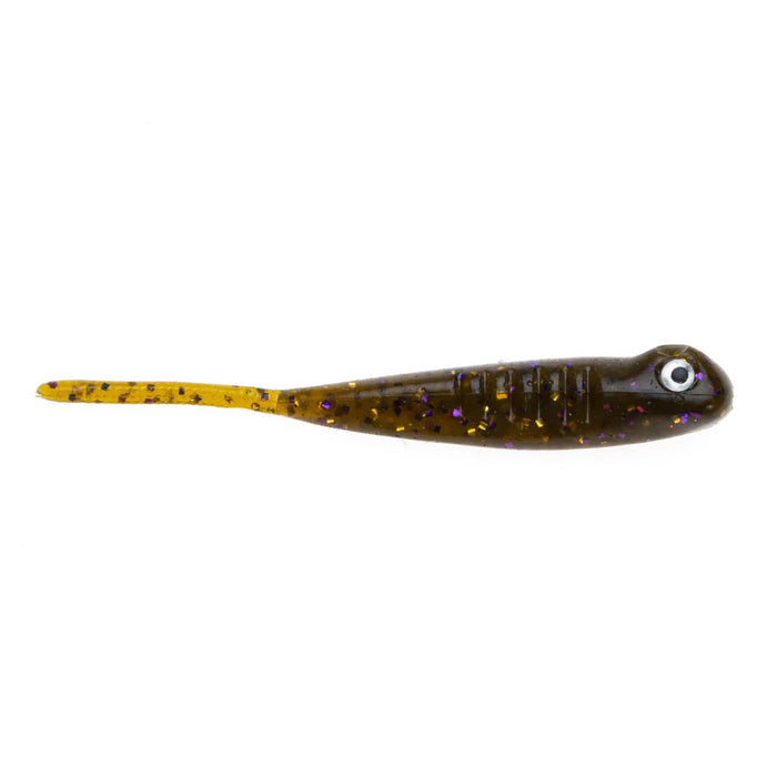 Soft plastic fishing lure in brown and yellow with purple flecks and an eye, designed as NetBait BaitFuel Infused The Drifter Minnow for fishing tackle use.