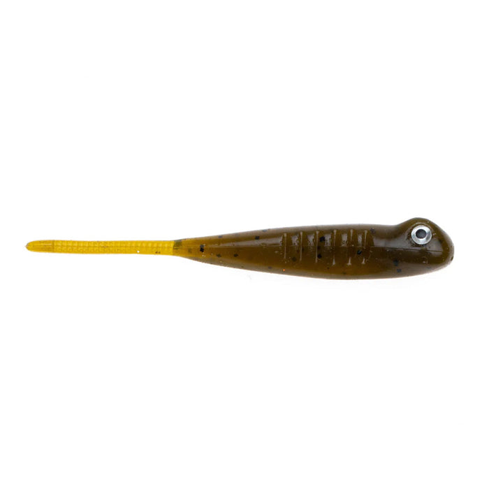 Soft plastic fishing lure with a dark olive green body and yellow tail, designed to resemble a small baitfish, identified as NetBait BaitFuel Infused The Drifter Minnow.