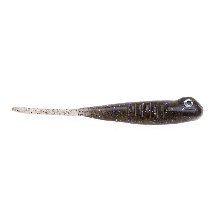 Soft plastic fishing lure in dark translucent color with purple and black flecks, shaped like a minnow with a tapered tail and realistic eye, NetBait BaitFuel Infused The Drifter Minnow.
