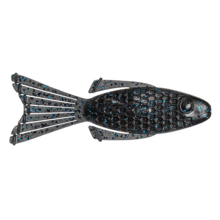 Netbaits Hextek 4" Bull Bream soft plastic fishing lure with black and blue fleck finish ribbed body and split paddle tail for musky fishing tackle