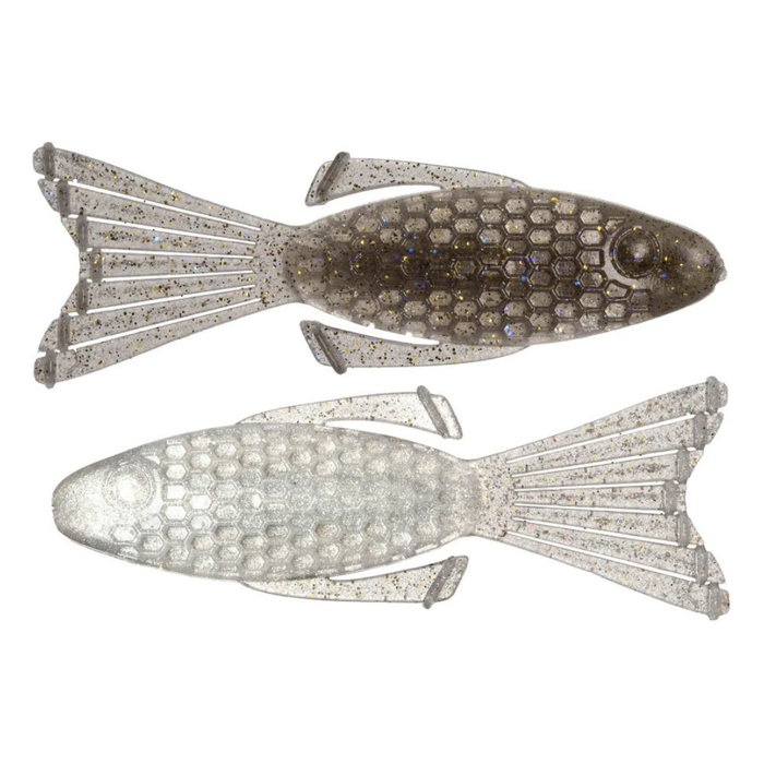 Netbaits Hextek 4" Bull Bream soft plastic fishing lure shown in brown and translucent glitter patterns with honeycomb texture and paddle tails for musky tackle