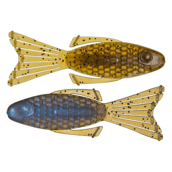 Netbaits Hextek 4" Bull Bream soft plastic fishing lures in gold and blue with honeycomb texture and split tail design