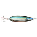 Nichols Lures Ben Parker Mini Magnum Flutter Spoon fishing lure with a reflective, scale-patterned body in blue and silver tones and a treble hook with feather accents for fishing tackle.