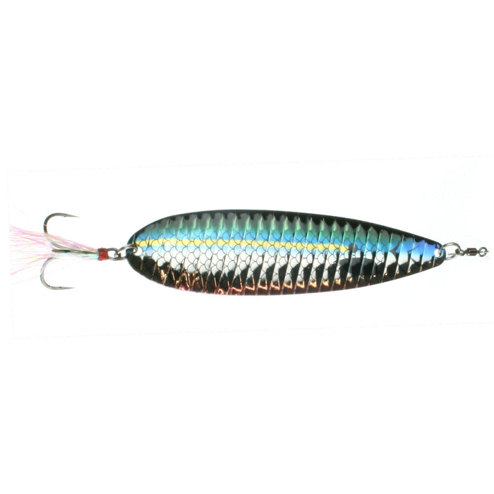 Nichols Lures Ben Parker Mini Magnum Flutter Spoon fishing lure with a reflective, scale-patterned body in blue and silver tones and a treble hook with feather accents for fishing tackle.