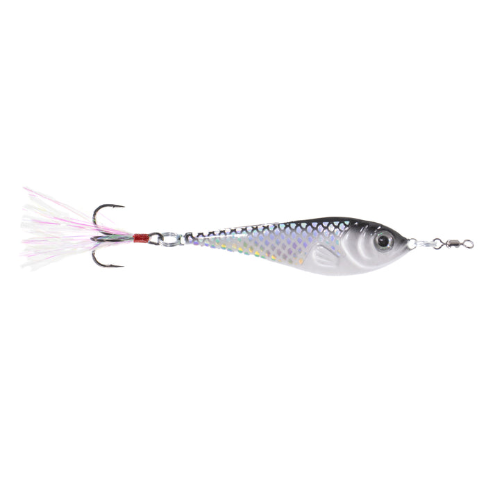 Nichols Lures Duh Spoon fishing lure with a reflective silver and black scale pattern, lifelike eye, and feathered treble hook designed for musky and freshwater fishing tackle.