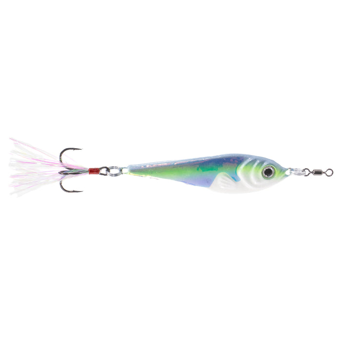Nichols Lures Duh Spoon fishing lure with iridescent green and blue finish, realistic fish eye design, and treble hook accented with pink and white feathers.
