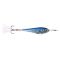 Nichols Lures Duh Spoon fishing lure with a detailed blue fish scale pattern, realistic eye, metal body, and treble hook with white feather accents for effective fishing tackle.