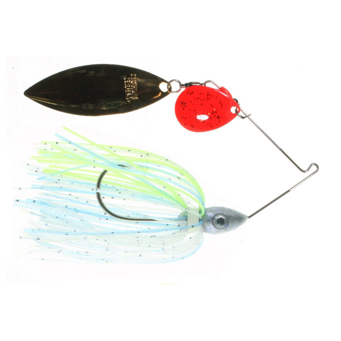 Nichols Lures Pulsator Kicker Spinnerbait with a metallic gold spinner blade, bright red smaller blade, and a hook dressed in light blue and chartreuse skirt for fishing tackle use.