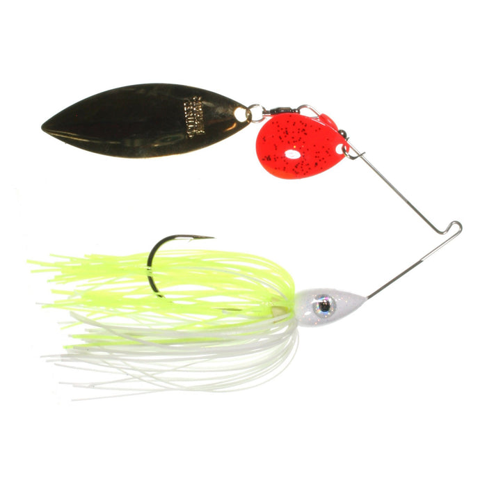 Nichols Lures Pulsator Kicker Spinnerbait with chartreuse and white skirt, silver fish-shaped head, black hook, red and black speckled blade, and large metallic spinner blade for fishing tackle.