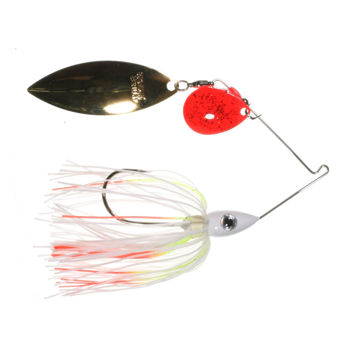 Nichols Lures Pulsator Kicker Spinnerbait with a white and orange skirt, realistic eye detail, red accent blade, and shiny gold spinner designed for musky fishing tackle.