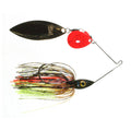 Nichols Lures Pulsator Kicker Spinnerbait featuring a red spinner blade, black and gold jig head with eye detail, and a multi-colored skirt in green, orange, and black hues.