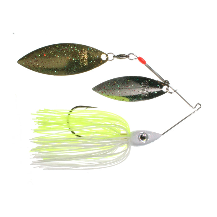 Nichols Lures Pulsator Metal Flake Double Willow Spinnerbait featuring two metal flake willow blades in green and black, with a white and chartreuse skirt and detailed fish-eye head.