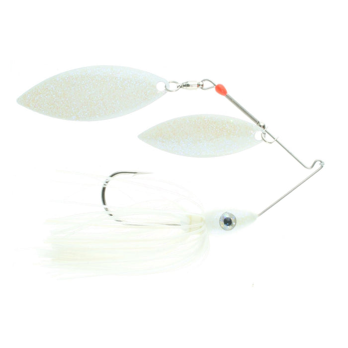 Nichols Lures Pulsator Metal Flake Double Willow Spinnerbait with two pearlescent metal blades, a weighted head with an eye detail, and white skirted hook for fishing lure tackle.
