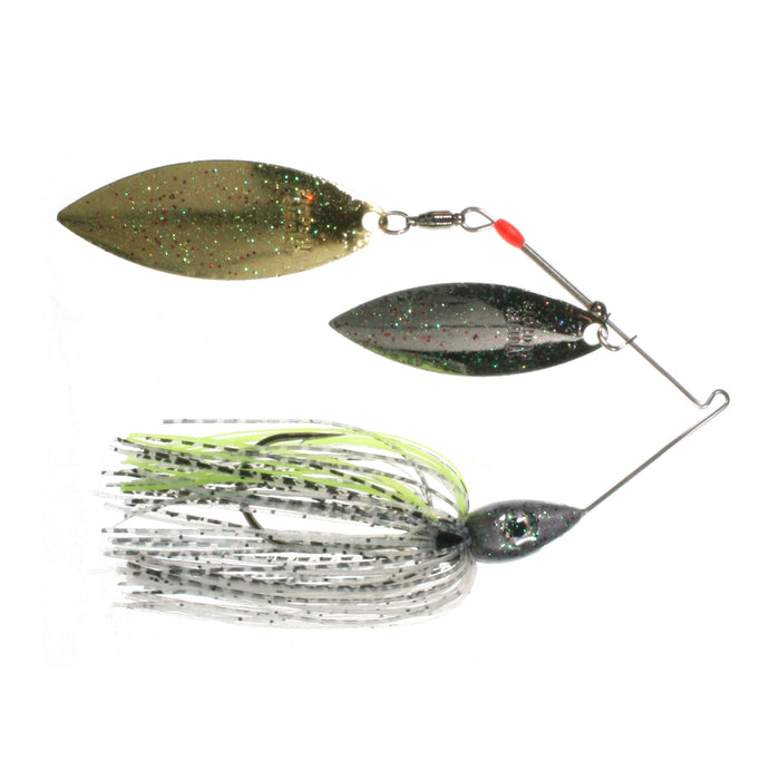 Nichols Lures Pulsator Metal Flake Double Willow Spinnerbait with two metallic flake blades and a multi-color silicone skirt, designed for fishing tackle targeting musky and bass species.