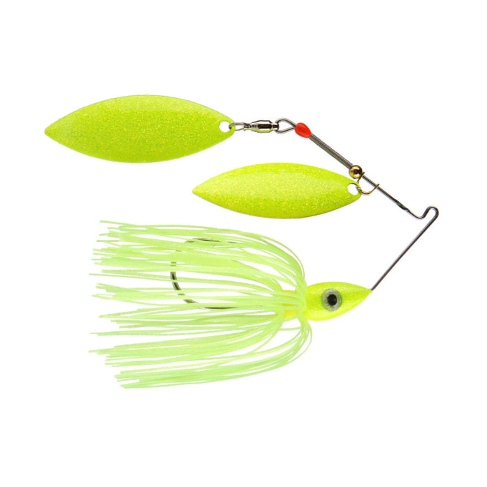 Nichols Lures Pulsator Metal Flake Double Willow Spinnerbait with two bright yellow-green metal blades and a matching skirted jig head featuring a realistic eye for fishing tackle enthusiasts.