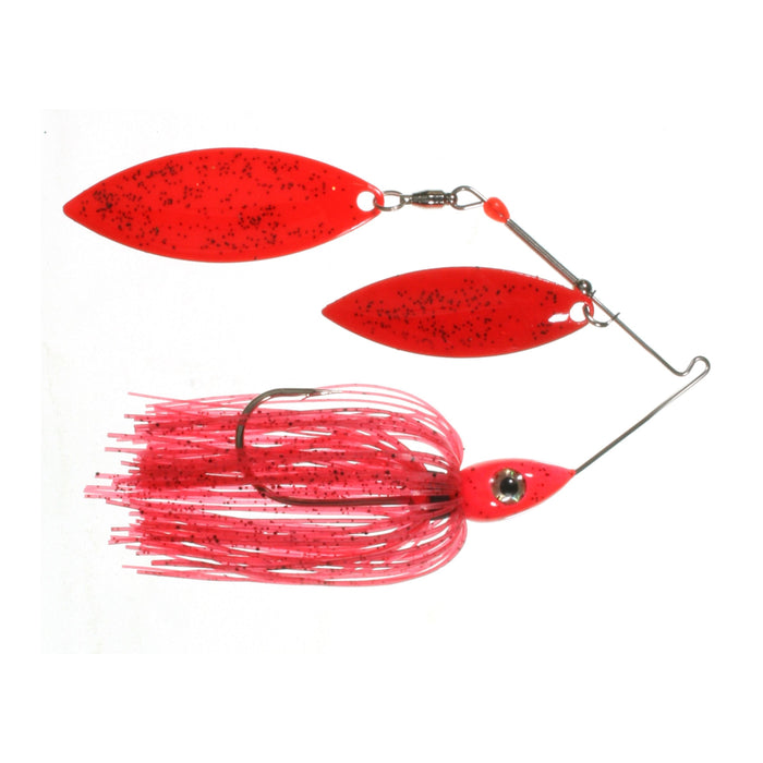 Nichols Lures Pulsator Metal Flake Double Willow Spinnerbait featuring two elongated red metal blades with black speckles and a red skirted hook with glitter accents for fishing tackle.
