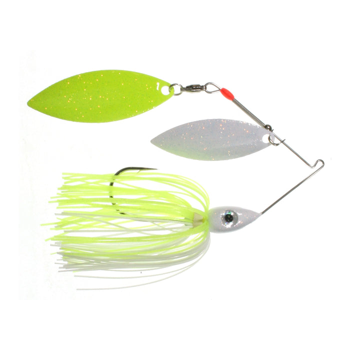 Nichols Lures Pulsator Metal Flake Double Willow Spinnerbait featuring lime green and silver blades with a white and chartreuse skirted hook designed for fishing tackle enthusiasts.