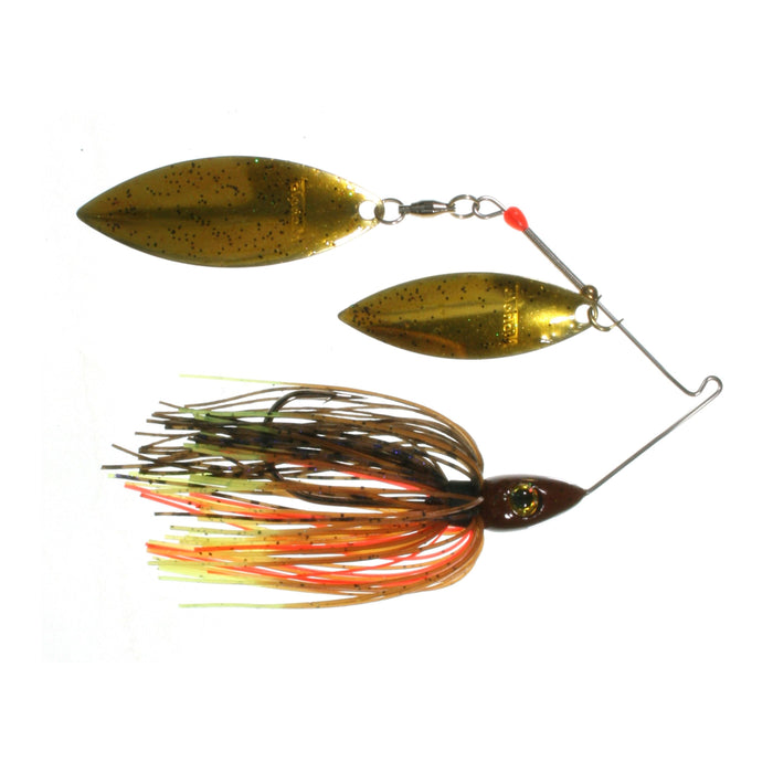 Nichols Lures Pulsator Metal Flake Double Willow Spinnerbait featuring two gold metal flake willow blades and a multi-colored skirt with black, orange, and yellow strands for fishing tackle.