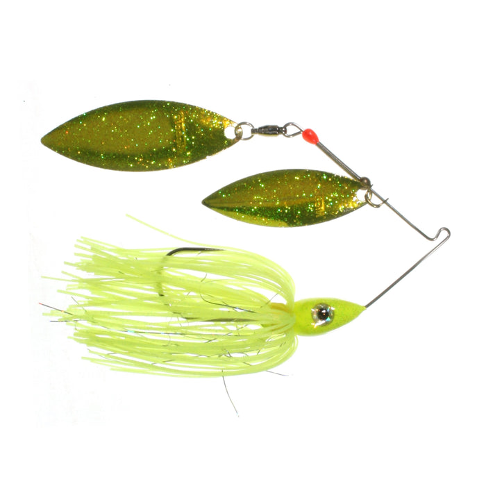 Nichols Lures Pulsator Metal Flake Double Willow Spinnerbait with two glittery metallic green blades and a chartreuse skirted skirt with a single hook for fishing tackle enthusiasts.