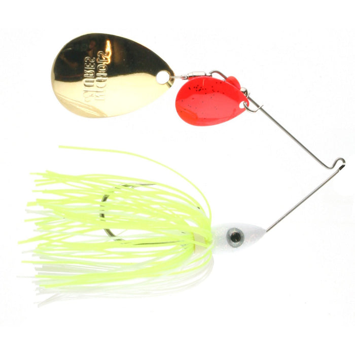 Nichols Lures Rado Kicker Double Colorado Spinnerbait with fluorescent yellow skirt, white fish-shaped head, red and gold spinning blades, designed for effective fishing tackle use.