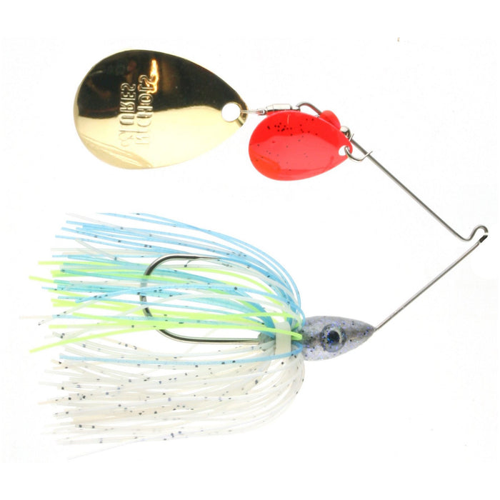Nichols Lures Rado Kicker Double Colorado Spinnerbait with blue, white, and chartreuse skirt, red and gold blades, designed for fishing tackle and musky lure applications.