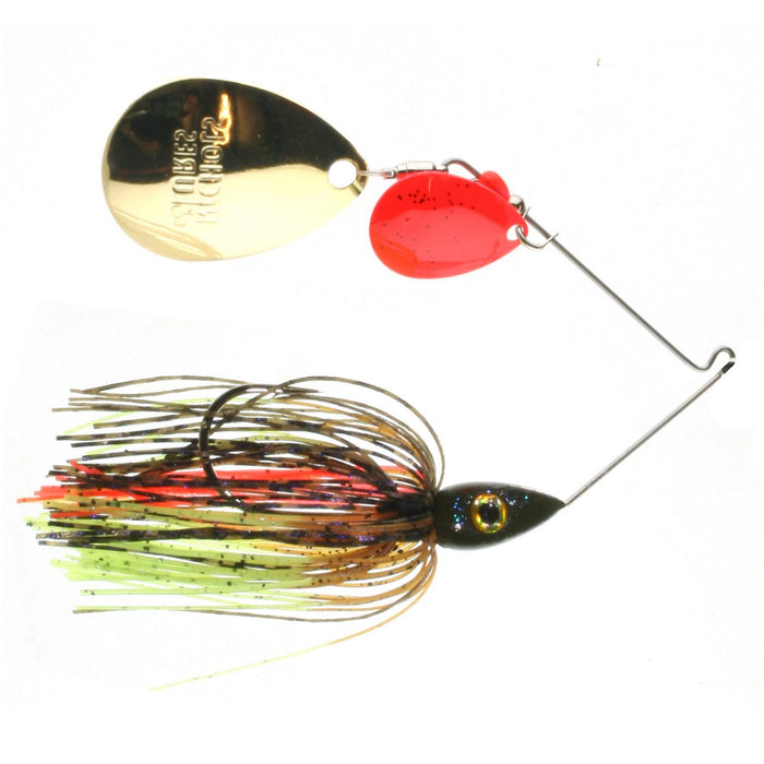 Nichols Lures Rado Kicker Double Colorado Spinnerbait with a gold and red spinner blade, featuring a multi-colored skirt in black, green, orange, and yellow with a detailed fish-eye head.