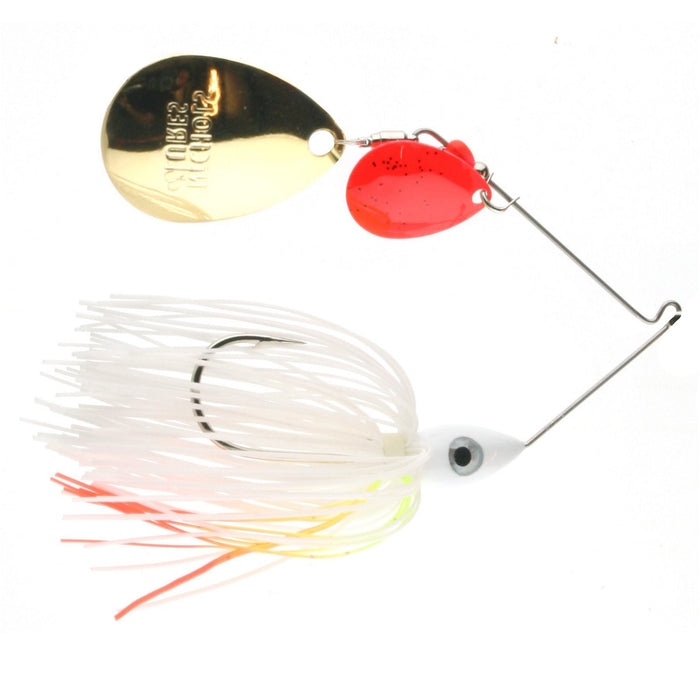 Nichols Lures Rado Kicker Double Colorado Spinnerbait with white and orange skirt, two metal spinner blades, and a painted lure head designed for fishing tackle and musky fishing.