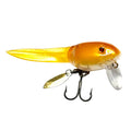Nishine Lure Works BQ Otama Wakebait featuring a translucent orange and yellow body with a curved lip, detailed eyes, a metal spinner blade, and twin treble hooks for fishing tackle use.
